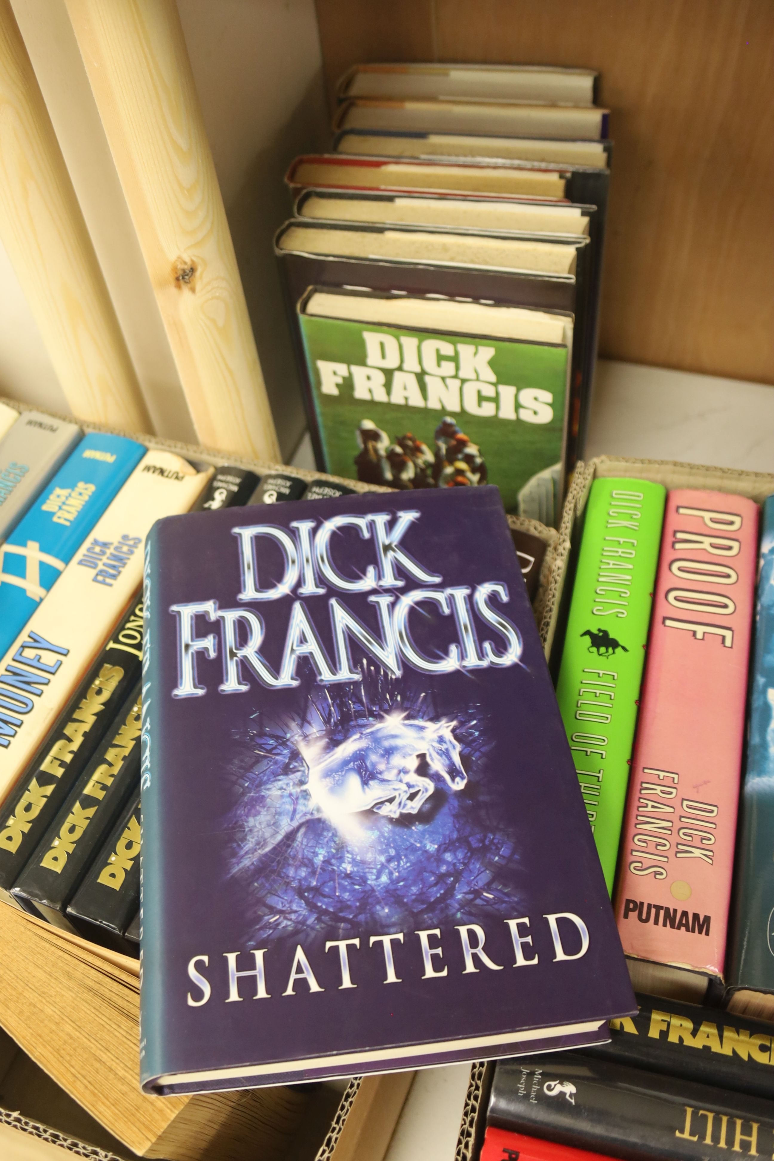 Francis, Dick - The Works, an almost complete set, with dust jackets, a number signed, consisting:- Sport of Queens, an autobiography, signed twice, (on fly leaf and first photograph), dj chipped, creased and repaired, 1